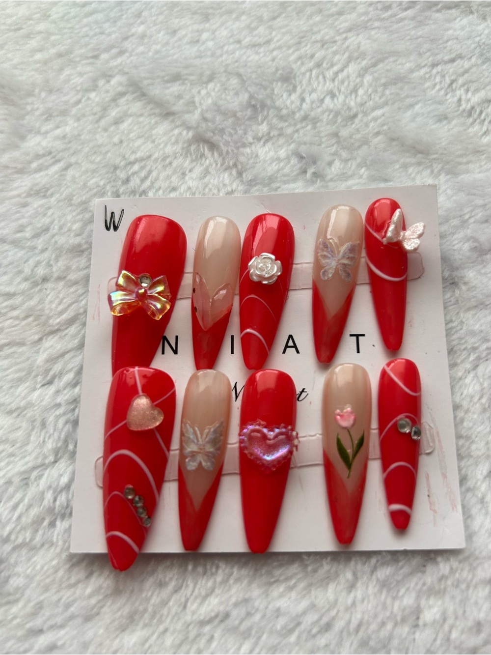 Coral Red and Nude Sculpted Press-On Nails with Heart & Butterfly Accents